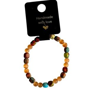 Handmade Beaded Bracelet‎ Orange Multicolor Gemstone Stretch Boho Jewelry